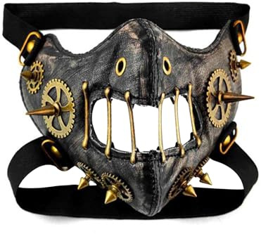 TINAYAUE Halloween Punk Maske Gothic Halbmaske Exquisite PU Ledermaske mit Kette Steampunk Maske mit Zahnrädern für Halloween, Karneval, Kostümparty, Themenparty, Cosplay