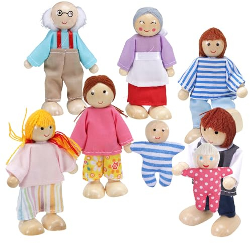 iewrtcin Puppenhaus Puppen 8 Stück Puppenhaus Figuren Familie, Puppenset mit Puppen: Mama, Papa, Opa, Oma 4 Kinder aus Holz - Bewegliche Figuren für Puppenhäuser