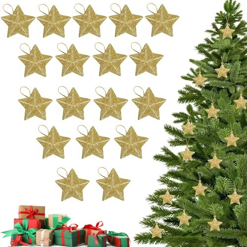 18 Stück Weihnachtsdeko Gold, Christbaumschmuck Sterne, 5cm Funkelnde Weihnachtssterne, Glitzer Stern Anhänger Weihnachten Deko, für weihnachtlichen Aufhängen an Weihnachtsbäumen (Gold)
