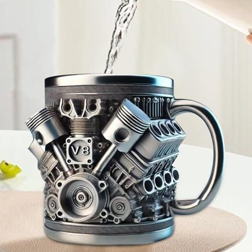 V8 Engine 3D Edelstahl Tasse, V8 Engine Mug, Realistische Auto geformte Kaffeetasse, 3D Auto Motoren geformte Tasse mit Griff, für Werkstatt Home Studio