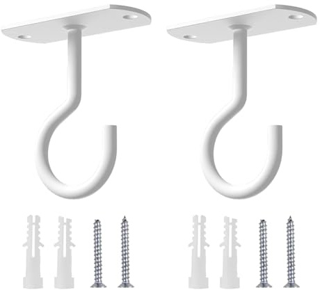 Solvayne 2-Pack Heavy Duty Ceiling Hooks for Hanging Plants, Includes 8 Mounting Accessories, White Coated Steel Hangers for Indoor & Outdoor Use