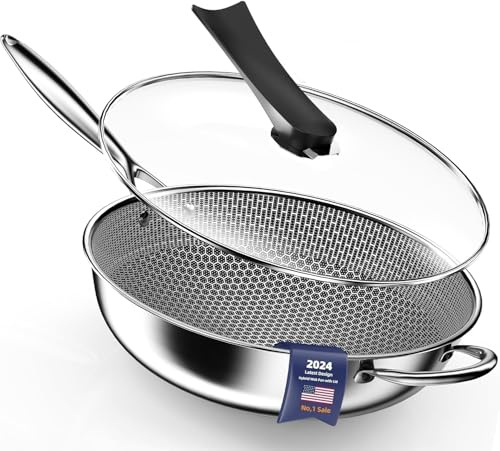 Kiseely Wok pan,Hybrid 13 inch Deep Fry Wok with Lid, Nonstick Pan with Stay-Cool Handle, Compatible with All Cooktops Including Induction, Stir Fry Pans with Round Bottom (LI1)