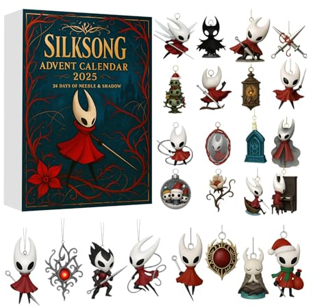 Hollow Knight Silksong Adventskalender 2025, 24 Tage Weihnachten Countdown Kalender mit 2D Acryl Hohl Ritter Baum Ornamente, Schlüsselanhänger Anhänger Kollektion, Ornament Adventskalender Geschenk