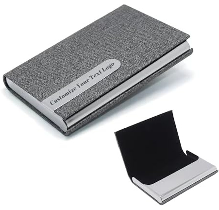 Youdian Porte-cartes de visite personnalisé en cuir avec gravure de votre nom/logo/texte pour homme ou femme comme cadeau unique (argenté)