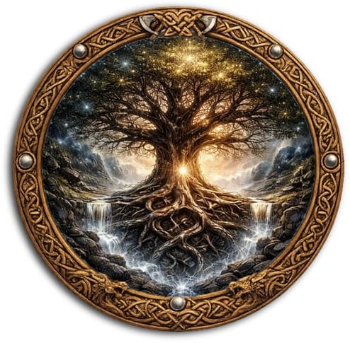 DARO Design - Viking Wandbilder Rund Ø 20 cm - Yggrasil – Nordische Mythologie & Mystic Motiv - Als Wandbild oder Aufsteller – Inkl. Wandhaken & Ständer Aufsteller - Lebensbaum