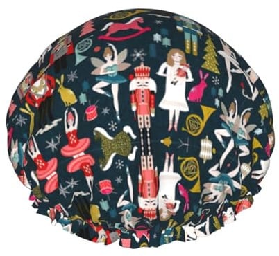 Women_s Nutcracker Ballet Xmas Dance Printed Bathing Cap, Dual Layer Hair Protector, Elastic Hair Cover For Washing Face, 10.6in/27cm