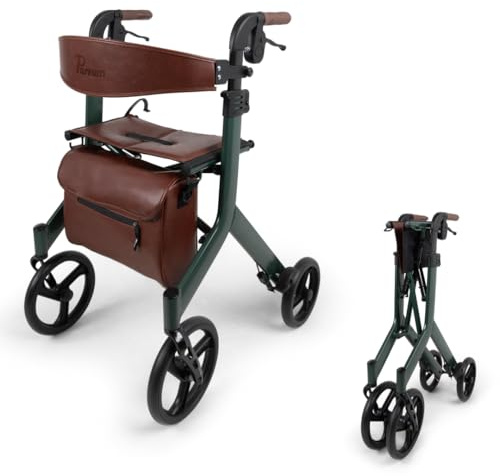 Parvum Vesta Rollator - Leicht (6,3kg), faltbar - Mit integriertem Bremssystem, gepolsterter Sitz- und Rückenlehne, Tasche, Stockhalter - Ideal für Alltag - Gehhilfe für Senioren - Moosgrün