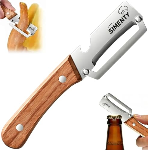 SIMENTY 2-in-1 Gemüseschäler mit Flaschenöffner, Edelstahl Schälmesser mit ergonomischem Holzgriff,Multifunktionaler Sparschäler für Kartoffeln,Äpfel,Gurken und Kürbis(1pcs)