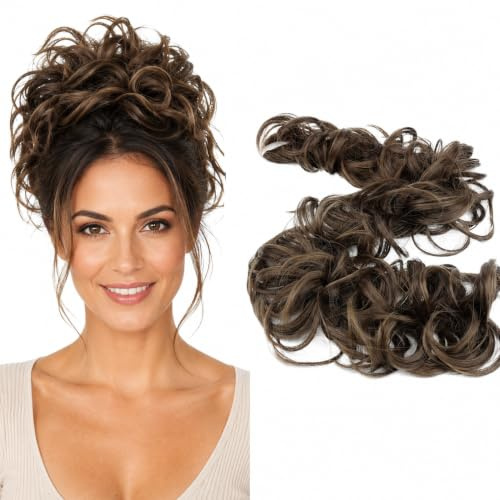 CAISHA 80cm Synthetic Wrap Bun Hair Piece Extension Brown HW23 | Heat Resistant Chignon Updo Scrunchie Voluminous Wavy Donut Accessories Messy Elastic Band Bridal Wedding Party Top Knot Fake