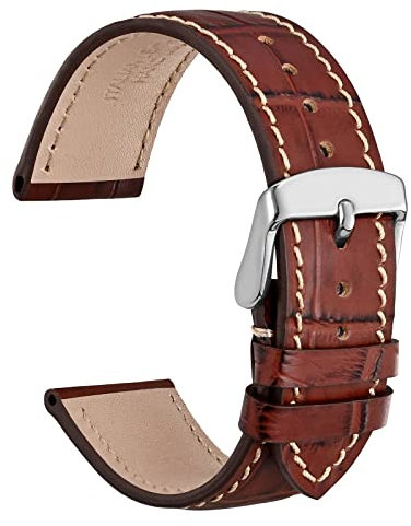 WOCCI 20mm Uhrenarmband Leder für Damen und Herren, Geprägtes Alligator, Silberne Schnalle (Braun mit Beige Nähten)
