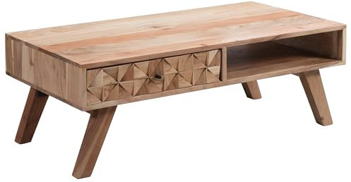 FineBuy Couchtisch Rewa 95x35x50 cm Akazie Massivholz Sofatisch, Wohnzimmertisch mit Schublade, Stubentisch braun, Holztisch Kaffeetisch massiv, Tisch