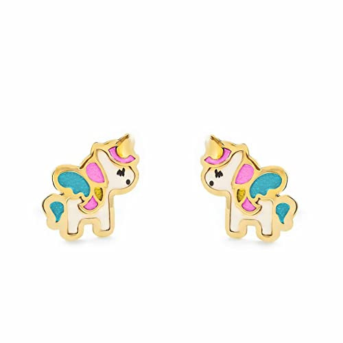 Damen & Kinder Emaille Einhorn Ohrstecker - Gelbgold 9 Karat (375) - Geschenkbox - Garantiezertifikat