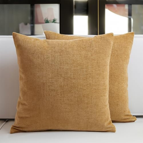 Encasa XO Chenille Kissenbezüge Set von 2 | Mustard - (20x20) (50x50 cm) | Dekorative Akzent Quadratische Wurfkissenbezüge Für Couch, Heimdekoration, Sofa