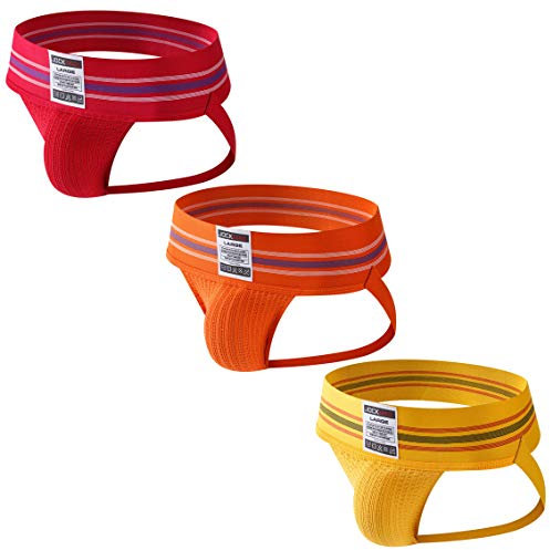 3 Stück/Pack Sexy Herren Suspensorium Jockstrap Herren Athletisch Jock Strap Unterwäsche Slips Athletische Unterstützer (XL, Orange + Rot + Gelb)