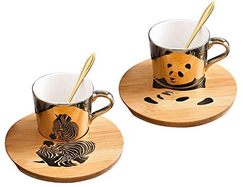ABHOME Spiegel Tasse und Untertasse Set Keramische Espressotassen mit Untertassen 8 Unzen, Teetasse/Kaffeetasse mit Löffel und Holztablett/Untertasse, 2er-Set, Golden (Gold - Panda Zebra)