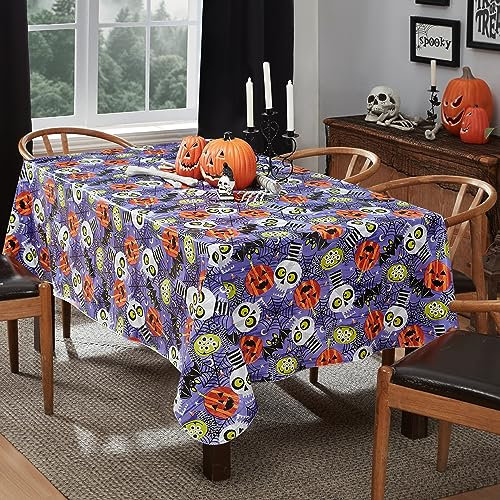 Newbridge Ghoulish Gang Whimsical Halloween Vinyl Flannel Backed Tablecloth - Pumpkin, Bats, Skulls and Spiderweb Fun Halloween Tablecloth, Easy Care Wipe Clean, 60 in x 102 in OblongRectangle