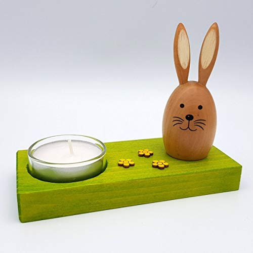 Rudolphs Schatzkiste Teelichthalter mit Hase, farbig/Natur Höhe 10cm NEU Teelichtständer Kerzenhalter Osterdeko
