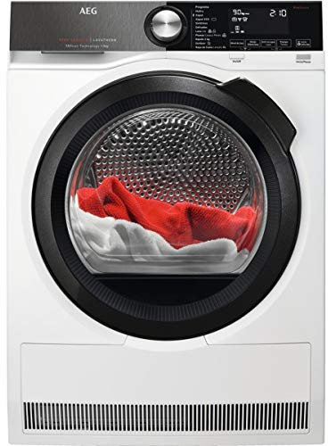 AEG T9DEB979 Secadora con Bomba de Calor, Libre Instalación, 9 Kg, Serie 9000 Premium, Motor Inverter, 8 Ciclos de Secado, Luz Interior, Programa Rápido, Panel LCD, WiFi, Puerta XL Negra, Blanca, A+++