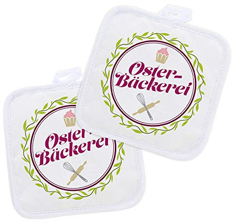 stempel-fabrik Topflappen mit Aufdruck - Oster-Bäckerei - 2er Set - Küchentextilien - Geeignet zum Backen und Kochen - Einseitiger Druck - Geschenkidee