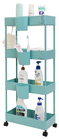 OVAKIA Schlanke Küchenwagen mit 4 Ebenen Badrollwagen platzsparendes Regal Aufbewahrungswagen mit Aufbewahrungsbecher und Haken für kleinen Räumen in Bad Küche Büro (Blaugrün)