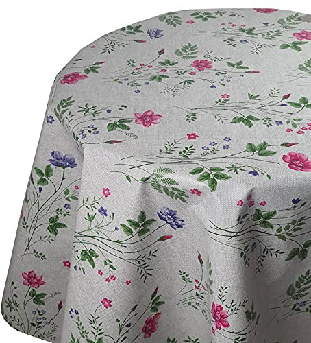 Wachstuch Wachstischdecke Tischdecke Gartentischdecke Farbe und Größe wählbar Blumenwiese Beige Grau Rund 130 cm abwaschbare Wachstuchtischdecke
