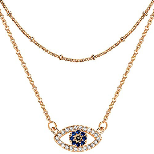 Gold Choker Necklaces for Women 14k Gold Plated Silver Rose Gold Layered Necklaces Evil Eye Cross Crescent Moon Star Love Circle Arrow Curved Bar Cubic Zirconia Pendant Necklace Set 2 PCS, Brass,