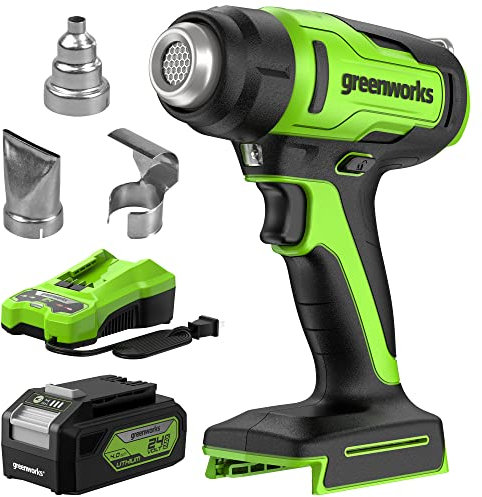 Greenworks Décapeurs thermiques, Pistolet à air chaud sans fil 24 V, batterie 4,0 Ah et chargeur inclus – Kit d'outils à air chaud max. 538 °C, avec 3 buses pour la maison, le garage et l'extérieur