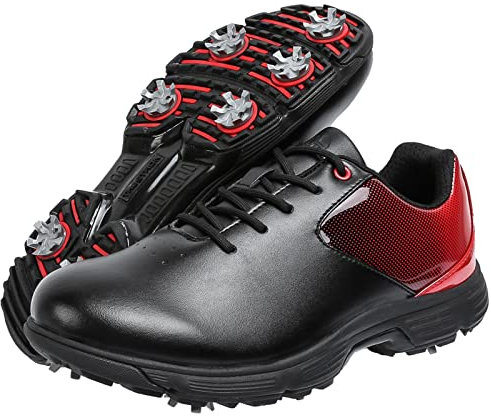 Mens Golf Shoes with Spiked Leather Wide Fitting Waterproof Sneakers Big Size,Black,11 UK