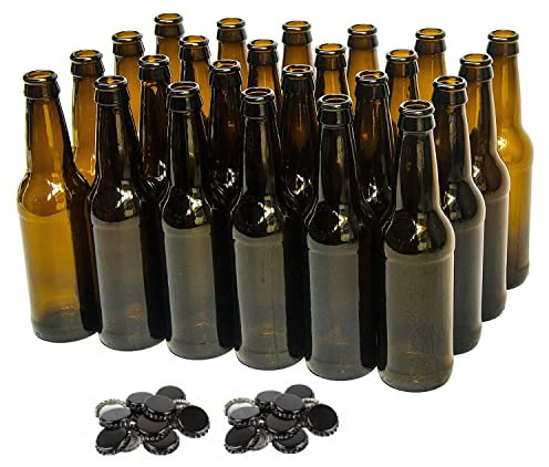 North Mountain Supply Botellas de cerveza ámbar de cuello largo de 12 onzas – Caja de 24 – Incluye 48 tapas de corona
