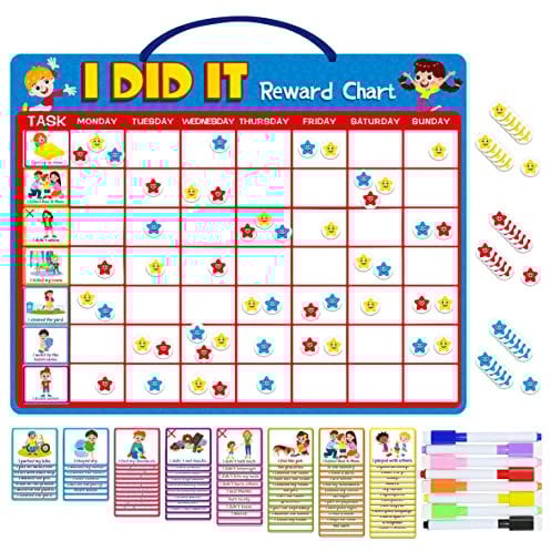 Magnetic Reward Chart, Dry Erase Kids Behavior Responsibility Task Board-84 Chores (Including 7 Blanks), 272 Magnetic Stars, 8 Markers & 3 Name Cards-Good Behavior Daily Routine to Motivate Kids