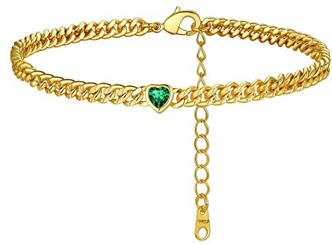 FindChic Fußkette Damen aus Kupfer goldenes Fußbänder Modes Fußschmuck Wasserfest herz Geburststein Mai mit Grüner Stein als Geschenk zum Geburtstag, Weihnachten, Valentinstag
