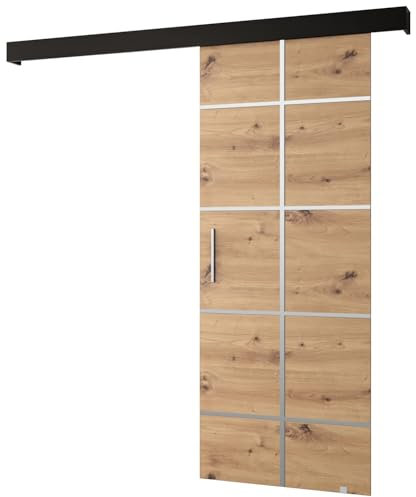 KRYSPOL Schiebetürsystem Salwador 3 Komplett-Set für Schiebetüren, Trennwände Innentüren, Modern Design (Artisan Eiche/Gitter: schwarz matt/Griff und Streife: silber)