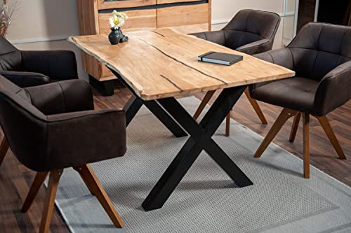 SAM Baumkantentisch 120 x 80 cm Polly, Epoxidharz-Adern in Schwarz, Akazienholz massiv + naturfarben, Esstisch mit X-Eisengestell Schwarz, Tischplatte 26 mm, Esszimmertisch mit echter Baumkante