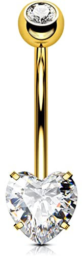 OUFER 14G Bauchnabelpiercing Titan Gold 16 mm Stablänge Herz Piercing Bauchnabel Lang Kurz CZ Edelstein Kugeln Belly Button Piercing Navel Bars 1.6mm Nabelring Frau Geschenk Schmuck