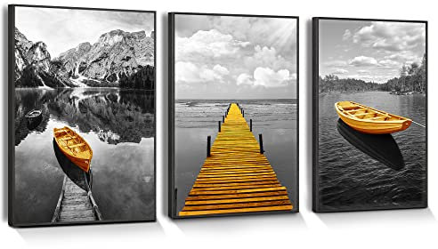 hyidecorart Cadre Noir Tableau Decoration Murale Salon Tableau Moderne Toile Jaune Bateau Nature Paysage Nordique Montagnes et Lac Panorama Impression Sur Toile Decoration Murale Chambre Salle De Bain
