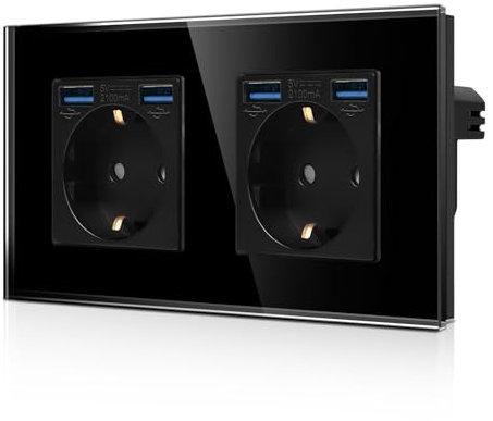 CNBINGO Enchufe doble con 4 puertos USB (2 tipos A total máx. 2,1 Amp), doble enchufe Schuko de cristal, empotrado, color negro