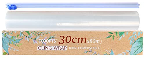 ECOOPTS 100% Compostable Cling Film with Slide Cutter | Free from BPA&Biodegradable | Microwave & Freezer Safe Cling Wrap | 30cm x80m 1 Pack (1 Pack)