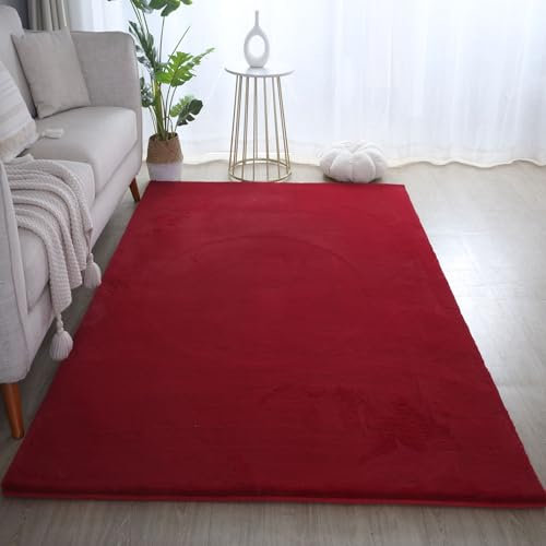 Carpetsale24 Rabbit Hochflor Teppich 140x200 cm Rot Shaggy Modern Flauschig Weich Fellteppich Kunstfell Einfarbig für Wohnzimmer Schlafzimmer Esszimmer