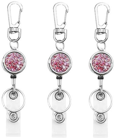 bolimoss Glittery Badge Holder Reel Retractable for Women Girls, Metal Badge Holder with Belt Clip Key Ring and Reinforced Steel Cord for ID Card Keychain (3 Pack Pink)