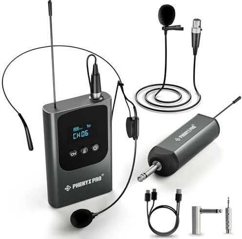 Phenyx Pro Single Digital Wireless Microphone System, w/ 1 Bodypack Transmitter, Mini Receiver,15 UHF Frequencies, Headset/Lapel Microphone for Singer, Karaoke, Church, Wedding (PDP-1-1B)