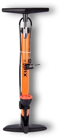 Fahrradpumpe mit Druckmesser - 12 Bar, Orange, Stahl & Gummi, 62cm Länge, 24cm Breite, ideal für Luftmatratzen und Bälle