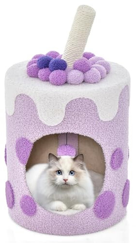 COSTWAY Torre de Árbol para Gatos en Forma de Té de Burbujas, Condominio para Gatos, Cueva para Gatos con Rascador de Sisal y Bola Colgante (Morado y Blanco)