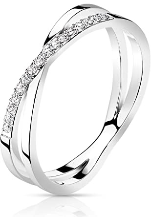 beyoutifulthings Damen-Ring Doppel-Ring Kreuz X Gold Silber Roségold Zirkonia Clear Chirurgenstahl 4,5-mm breit Band-Ring 49 (15,6)-59 (18,8)