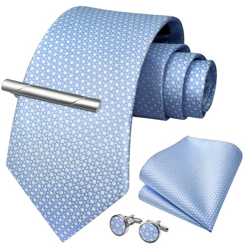 HISDERN Herren Krawatte Blau Hochzeit Seidenkrawatte und Einstecktuch Manschettenknöpfe Krawattenklammer Set Formal Business