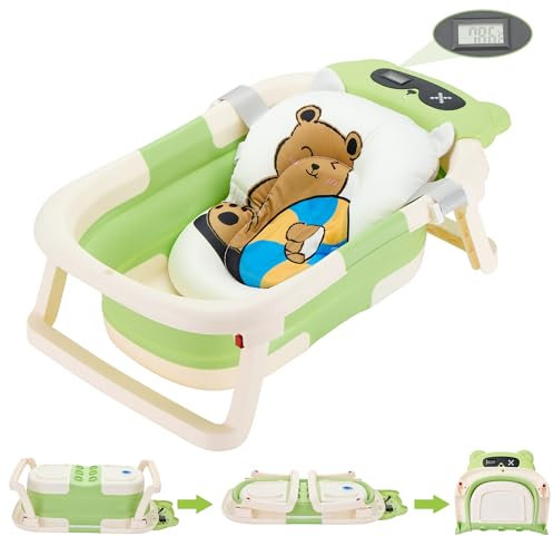 Niceyoeuk Bañera plegable para bebé recién nacido con termómetro y 1 cojín flotante suave, bañera de viaje portátil con agujero de drenaje, bañeras plegables duraderas para bebés y niños pequeños,