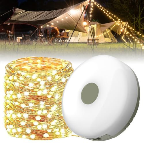 Gobesty Camping Lichterkette Aufrollbar, wasserdichte Tragbare Verstaubare Lichterkette Für Den Außenbereich, Campingleuchte Mit 10m Led Lichterkette Für Zelt Camping Hof Dekoration Warmes Licht