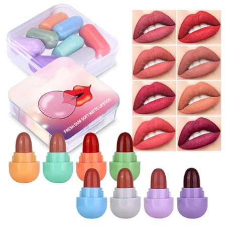 Lippenstift Set - 8 Stück Lipstick Tragbarer - Lippenstifte Kit Wasserdicht & Langlebig - Niedlicher Mini Lippenstift in Kapselform - Mattes Finish & Creamy Texture - Nudetone, Pink, Braun