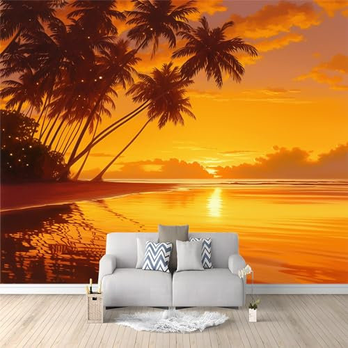 3D Papier Peint Coucher De Soleil Palmier Orange 200x140 cm Papier Peint Panoramique Mural Affiche Géante Décoration Pour Salon Chambre Chambre D'Enfant Décoration Murale