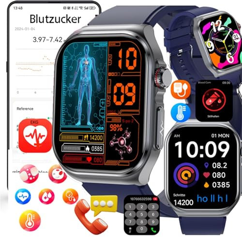 Fohatu Neu 𝐁𝐥𝐮𝐭𝐳𝐮𝐜𝐤𝐞𝐫 Smartwatch Herren 𝐃𝐢𝐚𝐛𝐞𝐭𝐞𝐬 ECG Smartwatch Mit Telefonfunktion,ECG Bludruck 𝐛𝐥𝐮𝐭𝐟𝐞𝐭𝐭𝐞 Harnsäure Fitness Tracker Bluetooth Anrufen,Blau