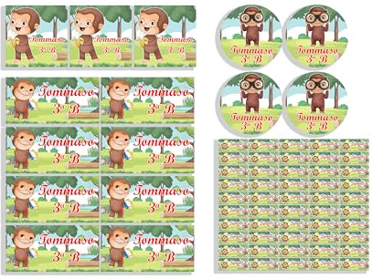 Set Etichette Adesive Scolastiche George la Scimmia, 4 Misure | Personalizzate con Nome e Classe, Per Matite, Per Penne, Per Quaderni e Libri